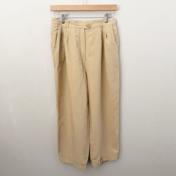 RALPH LAURENTan Ankle Lined Wide Leg Silk Linen Cuff Hem PleatedSize 10